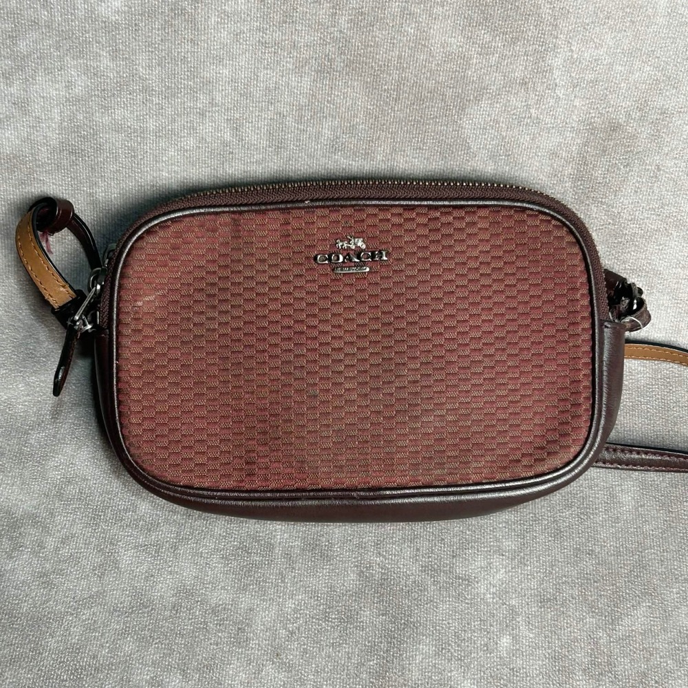Coach Crossbody Camera Bag Burgundy Woven Jacquard Brown Leather Silver Logo